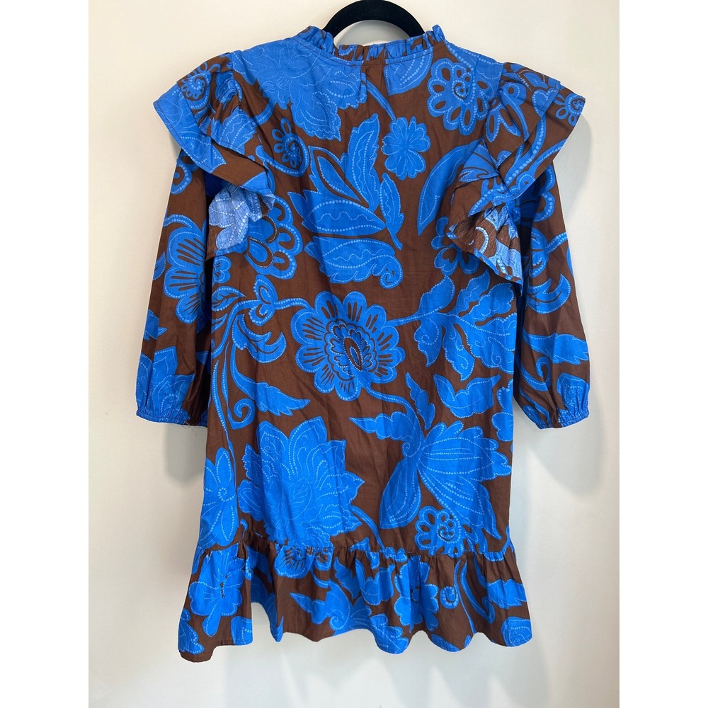 Sugarlips Blue Brown Floral Ruffle Shoulder Cotton Mini Dress Small - Picture 7 of 9
